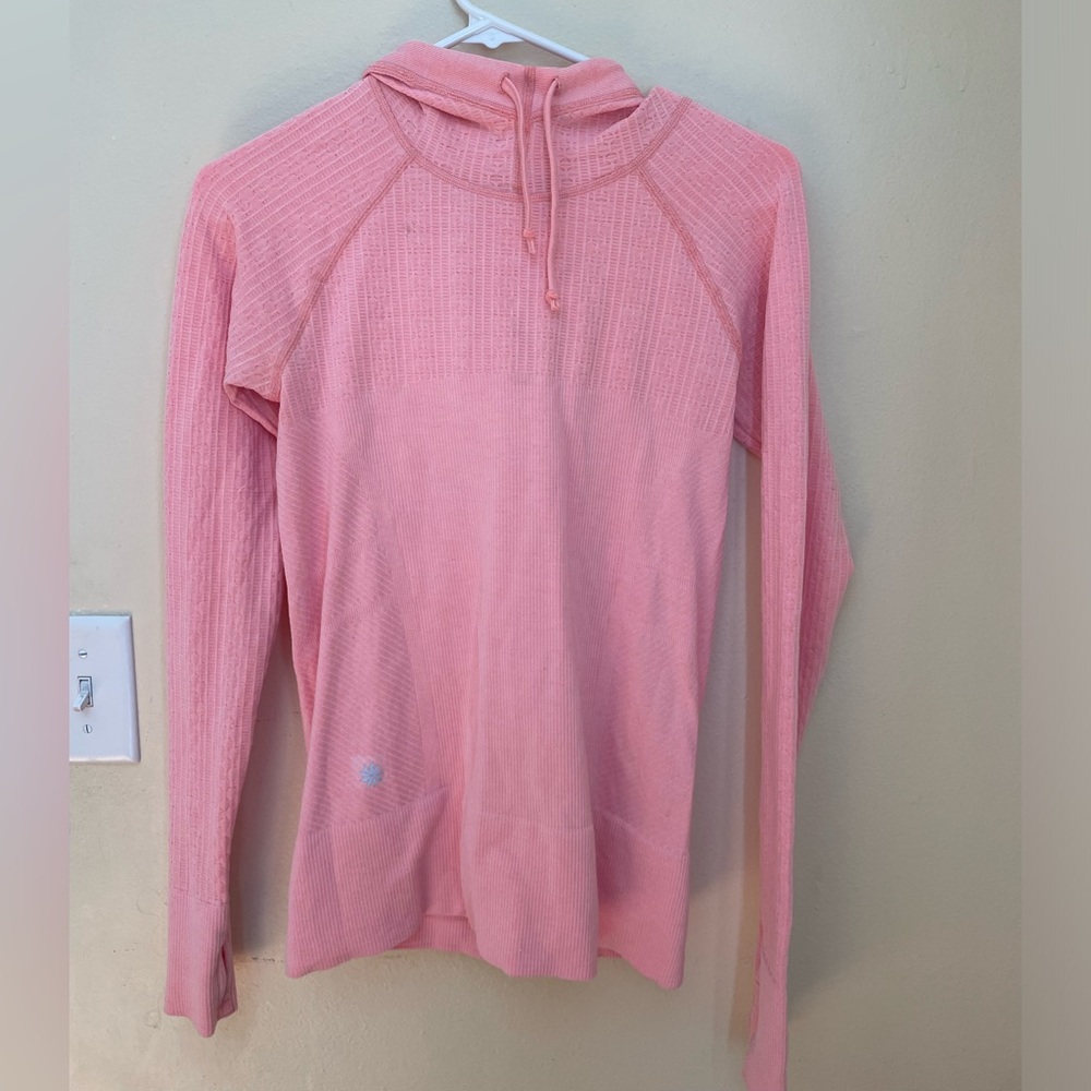 Super cute pink Athleta long sleeve with hood and drawstrings!